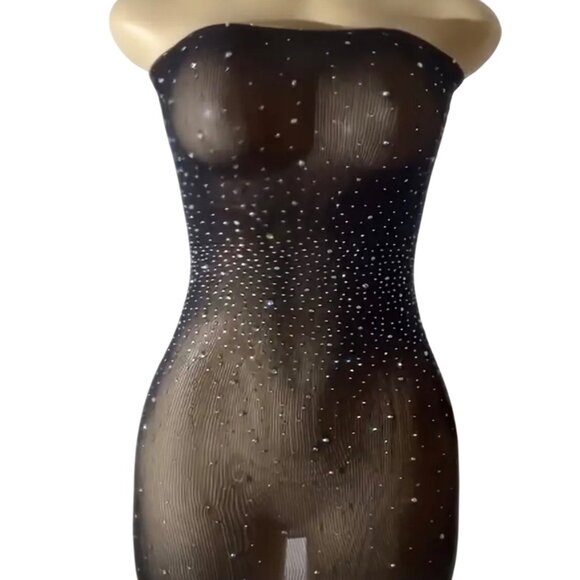 Bodycon Glittery Black Dress*Strapless*Cold Shoulder*Sissy*NIP*One Size*Choker - Picture 1 of 2